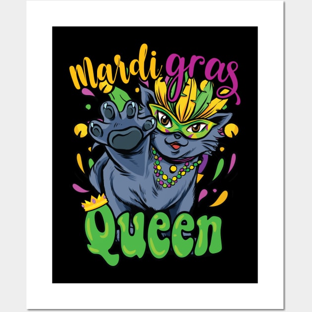 Mardi Gras Kitty Queen with Mask and Beads Wall Art by Graphic Duster